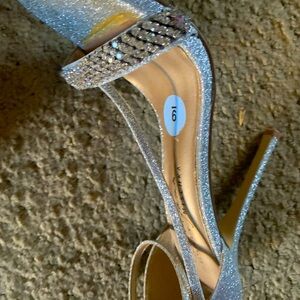 Silver Glitter Open-Toe Stiletto Heels with Crystal Strap